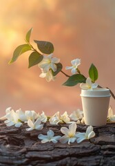 Paper Cup on Dead Tree Trunk with Jasmine Petals and Branch