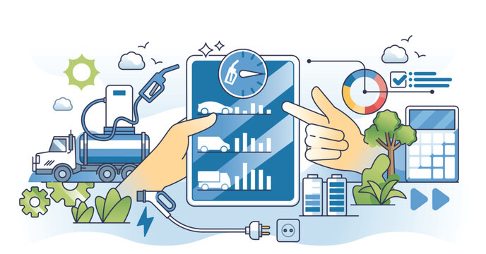 recommend clip art: Fleet fuel management for effective gasoline usage outline hands concept. Transportation, logistics industry company with smart gas consumption and refueling monitoring software vector illustration.