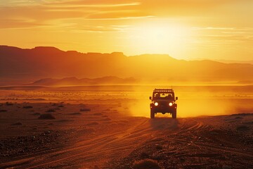 Desert Expedition: Picture of a vehicle driving through a desert landscape at sunset, highlighting the warmth of natural light and the allure of summer road trips.