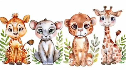 Cute and charming safari animals with big eyes and friendly faces, perfect for nursery decor and childrens illustrations