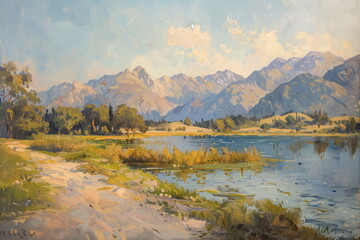 Obraz premium vintage muted colors oil painting of the countryside with a lake mountains in background and clear sky