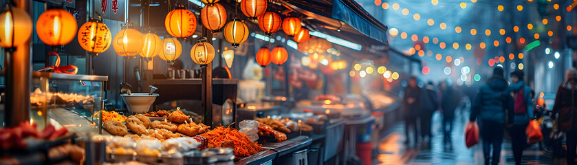 Vibrant Street Food Market Illuminated by Lights: High Res Image Capturing Lively Atmosphere of...