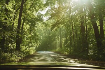 Obraz premium Forest Drive: Photograph of a car driving through a dense forest with sunlight filtering through the trees, offering a scenic backdrop for summer road trips and outdoor adventures.