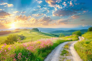 Countryside Escape: Picture of a rural road winding through fields of flowers and rolling hills,...