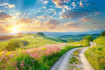 Fototapeta premium Countryside Escape: Picture of a rural road winding through fields of flowers and rolling hills, illuminated by the soft glow of summer sunlight, ideal for outdoor activities.