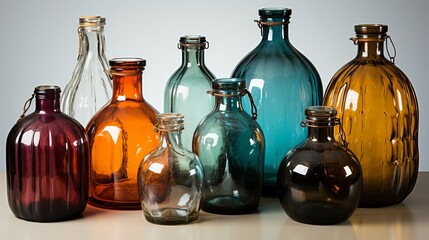 A variety of glass bottles with different shapes and closures, arranged on a white background, suitable for beverages, oils, or artisanal products.