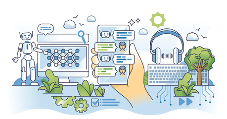 AI chat bot and artificial intelligence support app outline hands concept. Software with advanced talking, research and informative technology vector illustration. Smart virtual robot application.