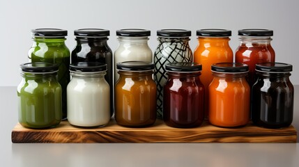 An array of glass jar mock-ups with stylish labels and metal lids, arranged on a white background, ideal for gourmet foods, homemade preserves, or artisanal products.