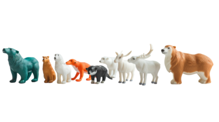 Collection of various toy animals in standing position next to each other