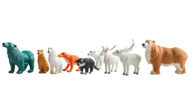Collection of various toy animals in standing position next to each other