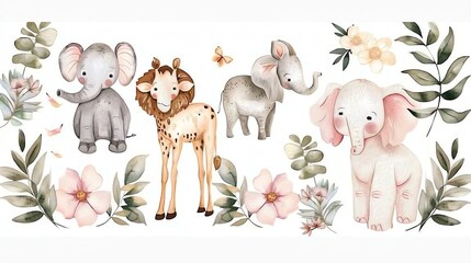 Elegant safari baby shower elements set with pastelcolored animals, botanical illustrations, and customized party invitations - Powered by Adobe