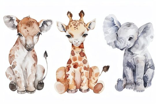 Enchanting watercolor illustrations of baby safari animals, capturing the innocence and playfulness of young wildlife