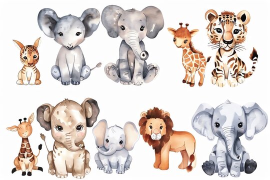 Enchanting watercolor illustrations of baby safari animals, capturing the innocence and playfulness of young wildlife