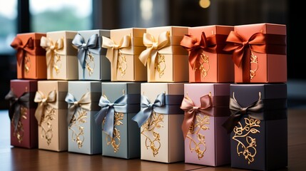 A set of paper packaging boxes with stylish designs, displayed on a white background, perfect for gift packaging, retail products, or subscription services.