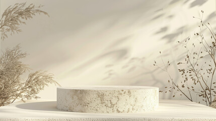 A 3D render of a white stone podium, elegant and smooth, with an abstract nature background