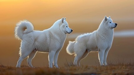  Two white dogs stand side by side on a green field as the sun sets behind them