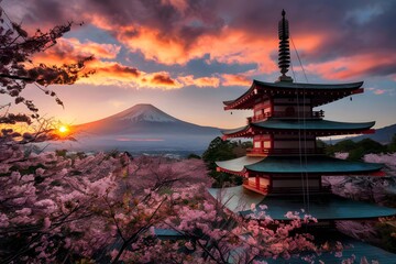 Fototapeta premium mount fuji cherry blossoms japan sakura scenic landmark oriental destination