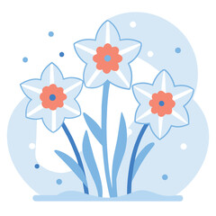 Three Blue and White Flowers with Orange Centers on a Light Blue Background