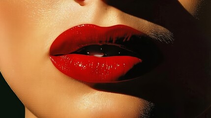 Obraz premium A tight shot of a woman's lips dotted with water droplets, accompanied by her shadow cast on the side of her face