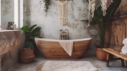 Serene Bohemian Oasis Freestanding Wooden Bathtub and Hanging Macrame Planter in Cozy Bathroom Retreat
