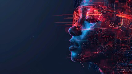 Futuristic image of a woman wearing augmented reality glasses, illustrating advanced technology and virtual reality in a digital world.