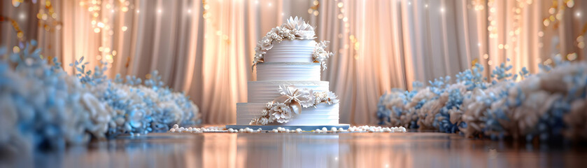 Elegant Wedding Cake Display: Intricately Designed Dessert in High Resolution on Glossy Backdrop   Photo Realistic Concept
