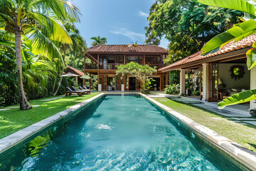 luxury house with tropical garden and swimming pool
