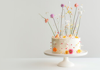 Anniversary sweet floral cake. Minimalistuc empty white background