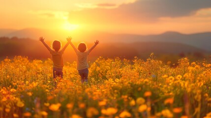 Fototapeta premium Two children joyfully raise their arms amidst a golden field of flowers at sunset, celebrating the beauty of nature and the freedom of childhood.