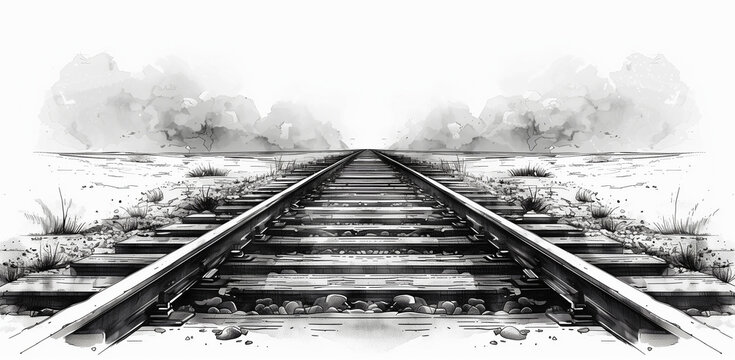 Simple train track illustration on a white background with flat design, simple lines and simple shapes in black on an isolated white background.