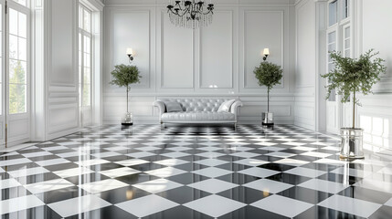 a chic black and white checkered floor adorned with silver accents, such as metallic floor lamps or...