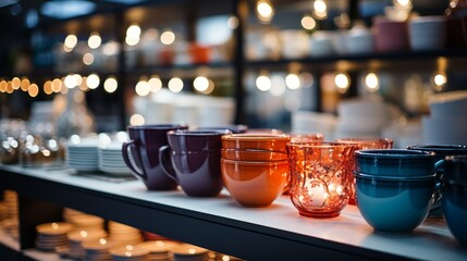 A point-of-sale (POS) shelf displaying products against a retail background with blurred bokeh lights, creating a captivating atmosphere that highlights the items for sale.