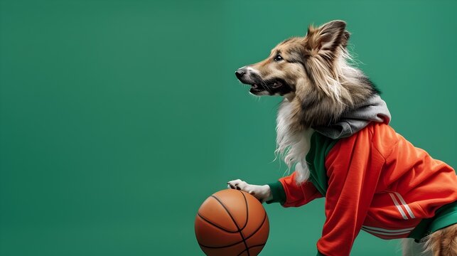 Dog Clad in Sports Attire Playing an Engaging Game of Basketball