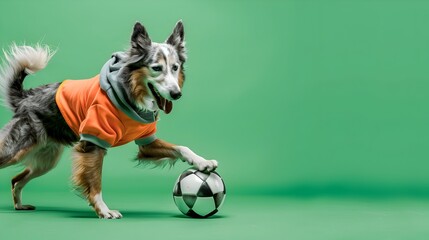 Sports Enthusiast Dog A Canine in Sports Clothes Playing Soccer on a Solid Green Background
