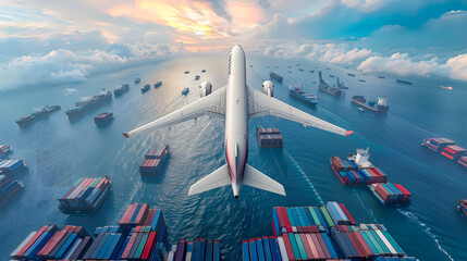 Fototapeta premium Cargo plane soars through sky, swiftly transporting freight containers across continents to meet global delivery demands