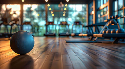 Photo realistic Wellness Retreat Gym Concept: High resolution image of gym facility at wellness retreat with glossy backdrop highlighting fitness and health amenities