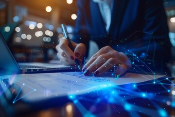 Businesswoman working on report at laptop with holographic data network overlay in modern office, combining technology and business.