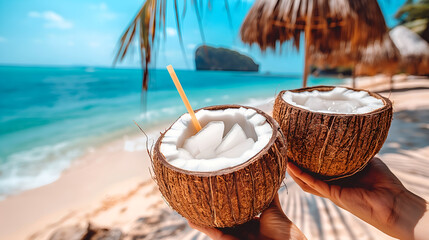 Island Escape: A Hand Grasps a Refreshing Coconut Water