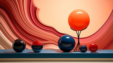 A captivating display illustration showcasing products on a marble stand against a backdrop of abstract lines and shapes, creating an eye-catching presentation in a retail setting.