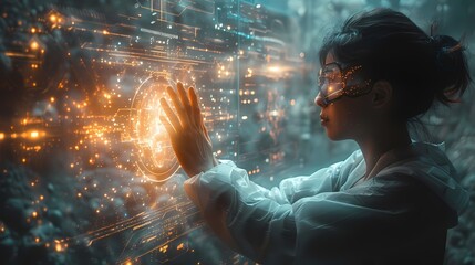 A person standing in front of a silver transparent screen, their hand reaching out to touch the holographic interface, creating a visually striking image of human and machine interaction - Powered by Adobe