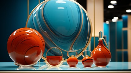 A captivating display illustration showcasing products on a marble stand against a backdrop of abstract lines and shapes, creating an eye-catching presentation in a retail setting.