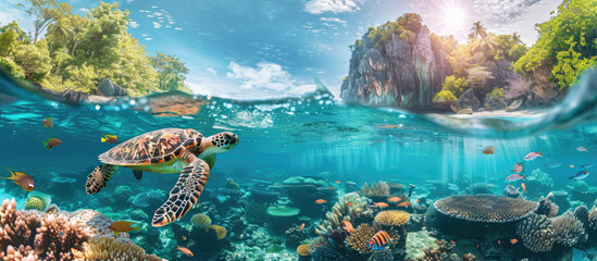 Beautiful sea with colorful coral reefs and green turtle swimming in the water, sun rays shining on clear blue sky, fantasy underwater world concept
