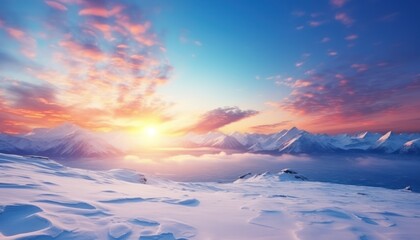 A stunning vibrant snow winter frozen mountains landscape, beautiful sunset view, cool place in Antarctica