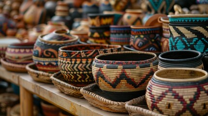 Fototapeta premium Beautifully woven baskets and handpainted pottery line the shelves of a Native American arts and crafts booth showcasing the rich cultural heritage of the tribe.
