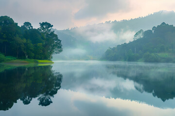 Misty Morning Serenity by the Lake: A Tranquil Landscape Reflecting the Beauty of Dawn
