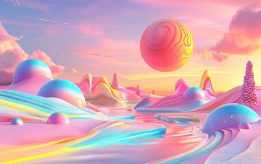 Surreal landscape with a pink moon and rainbow mountains
