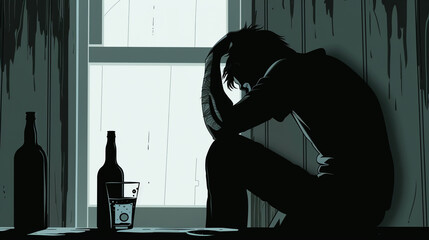 Depressed man in silhouette, drinking alcohol, overwhelmed by loneliness and despair.
