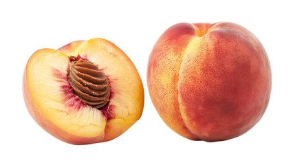 A whole peach and a sliced peach arranged neatly on a white background