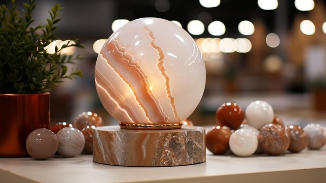 Modern product display on a marble stand against a retail background with bokeh lights, creating a visually appealing presentation that highlights the merchandise.