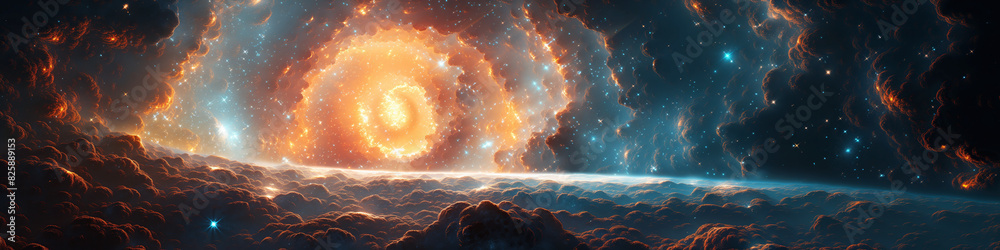 Wall mural panorama with a black hole, a supernova and a wormhole in galaxy in space in universe